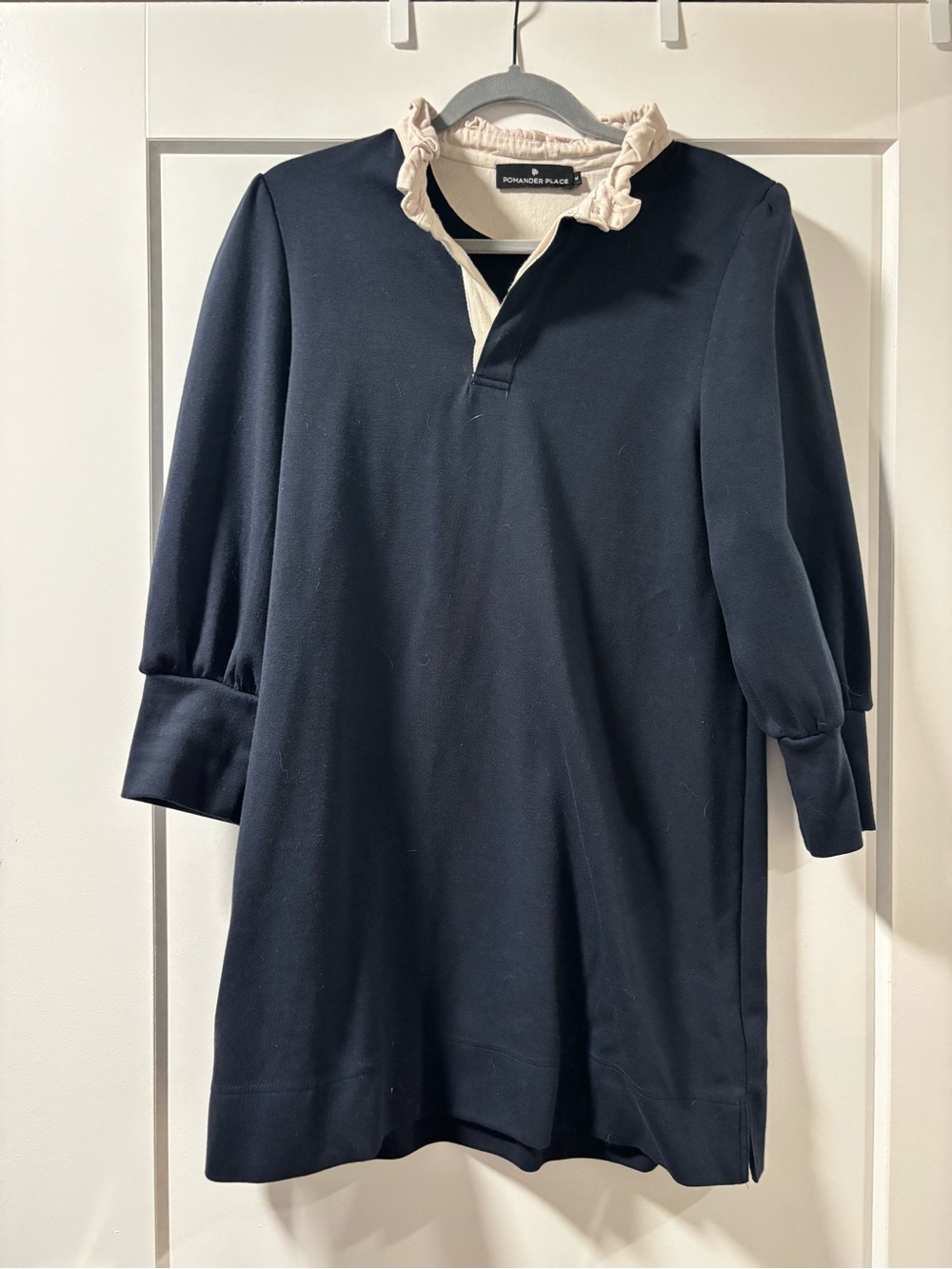 Pomander Place Navy Dress with Cream Ruffle Collar